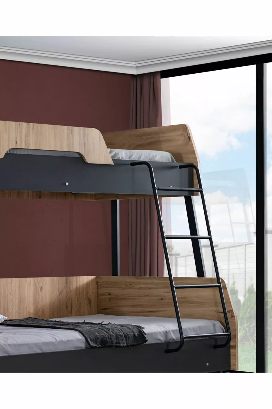 Lit superposé, Lit superposé double large Alba, cm - cm - Noyer-Anthracite + 2 matelas Comfort