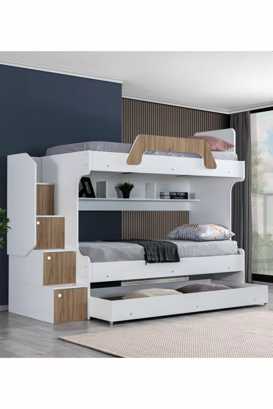 Lits superposés, Lit superposé avec lit d'appoint Inci - Noyer 2 matelas Comfort