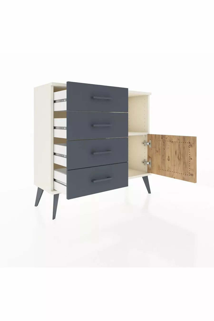 Commode Arges avec une étagère, 4 tiroirs et une porte, couleur Pierre de lune-Sapin/Anthracite