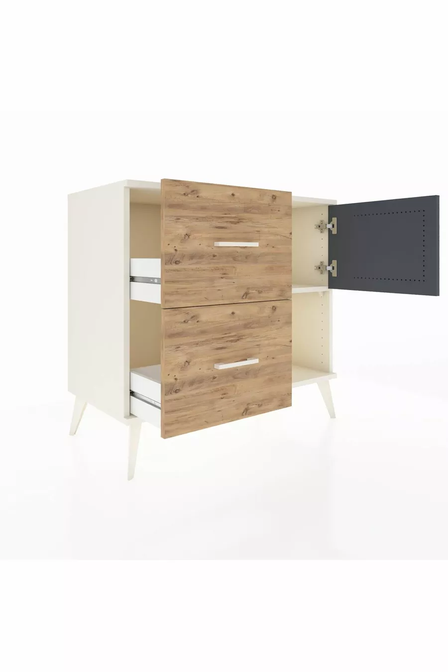 Commode Hyperion avec une seule étagère, 2 tiroirs et une porte, Pierre de Lune-Anthracite/Pin
