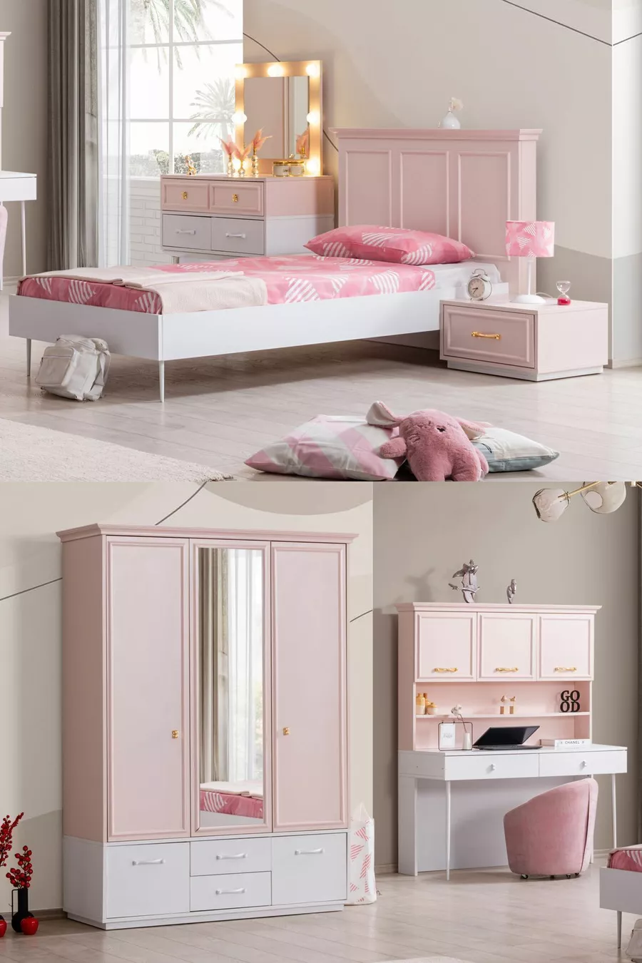 Chambre d'enfant Rosa - Armoire à 3 portes, Lit, Table de chevet, Bureau, Commode