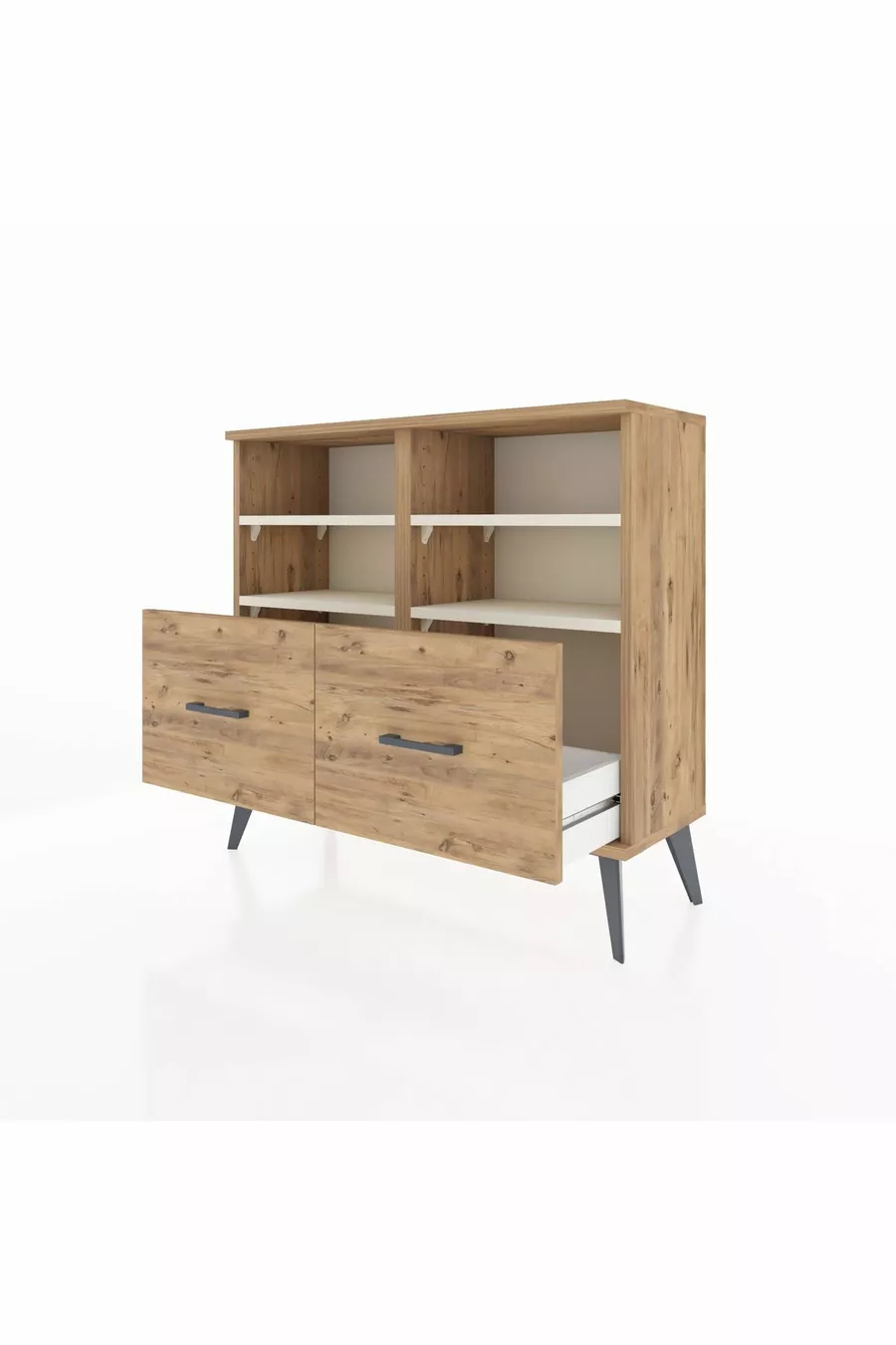 Commode Arges 4 étagères 2 tiroirs Pin-Pierre de Lune/Pin