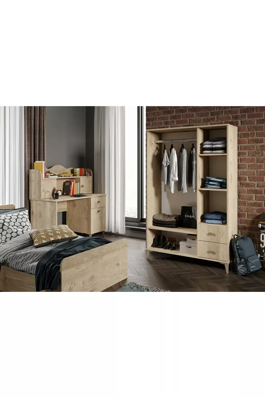 Ensemble de chambre moderne pour jeunes en chêne - 4 pièces et entièrement en MDF de qualité supérieure