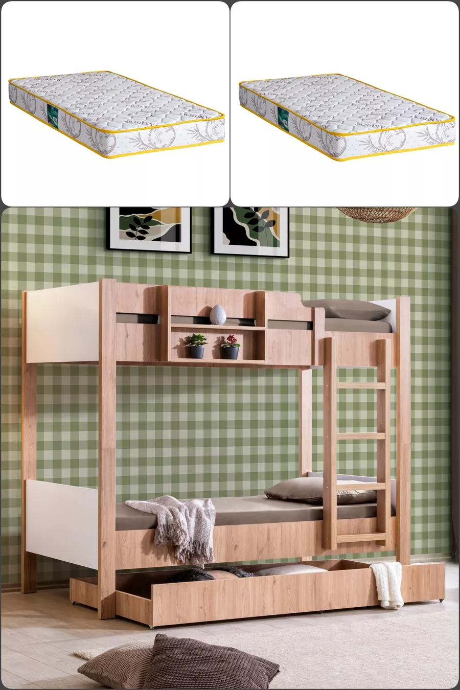Lits superposés, Lit superposé avec couchage séparé en Asie, Noyer - Blanc + 2 matelas Comfort