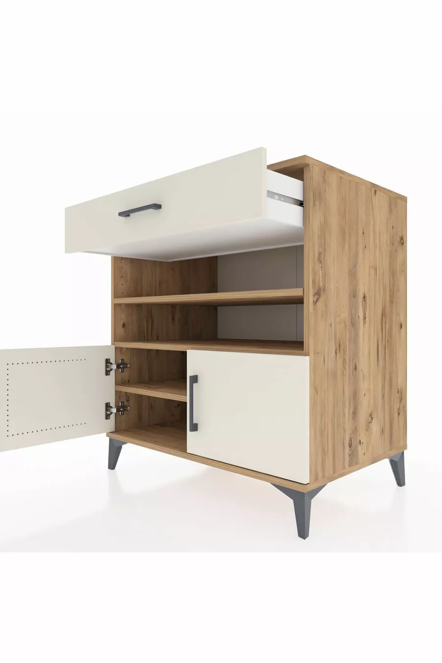 Commode Kronos 3 étagères, 1 tiroir, 2 portes, pin-pierre de Lune