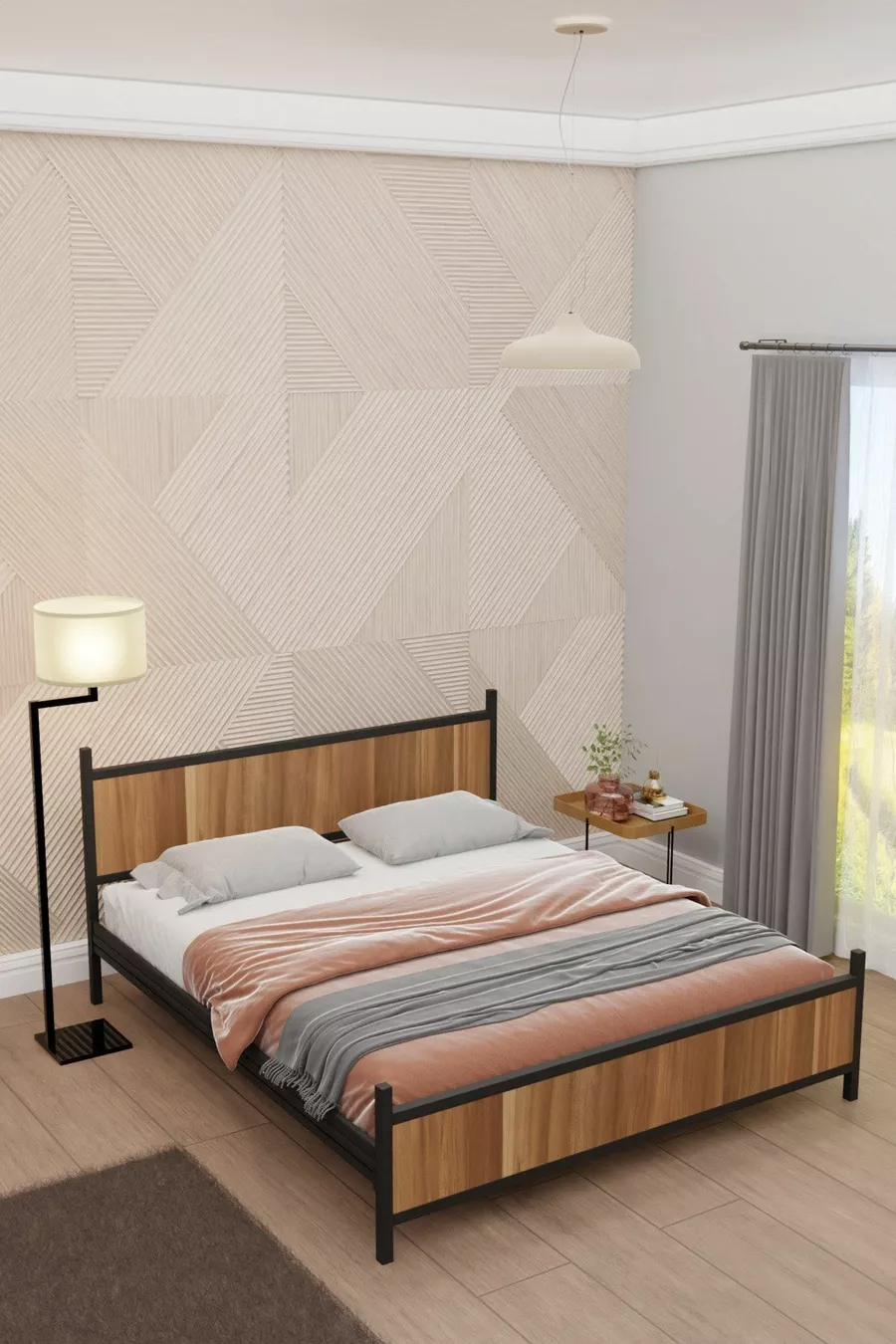 Gm Lit Double Moderne Bois et Métal Noir Noyer