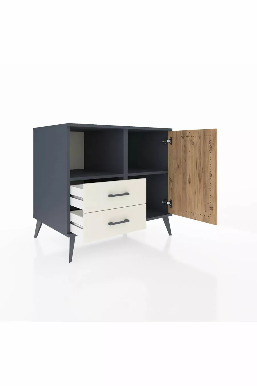 Commode Kronos à 2 étagères, 2 tiroirs, 1 porte, Anthracite-Sapin/Pierre de lune