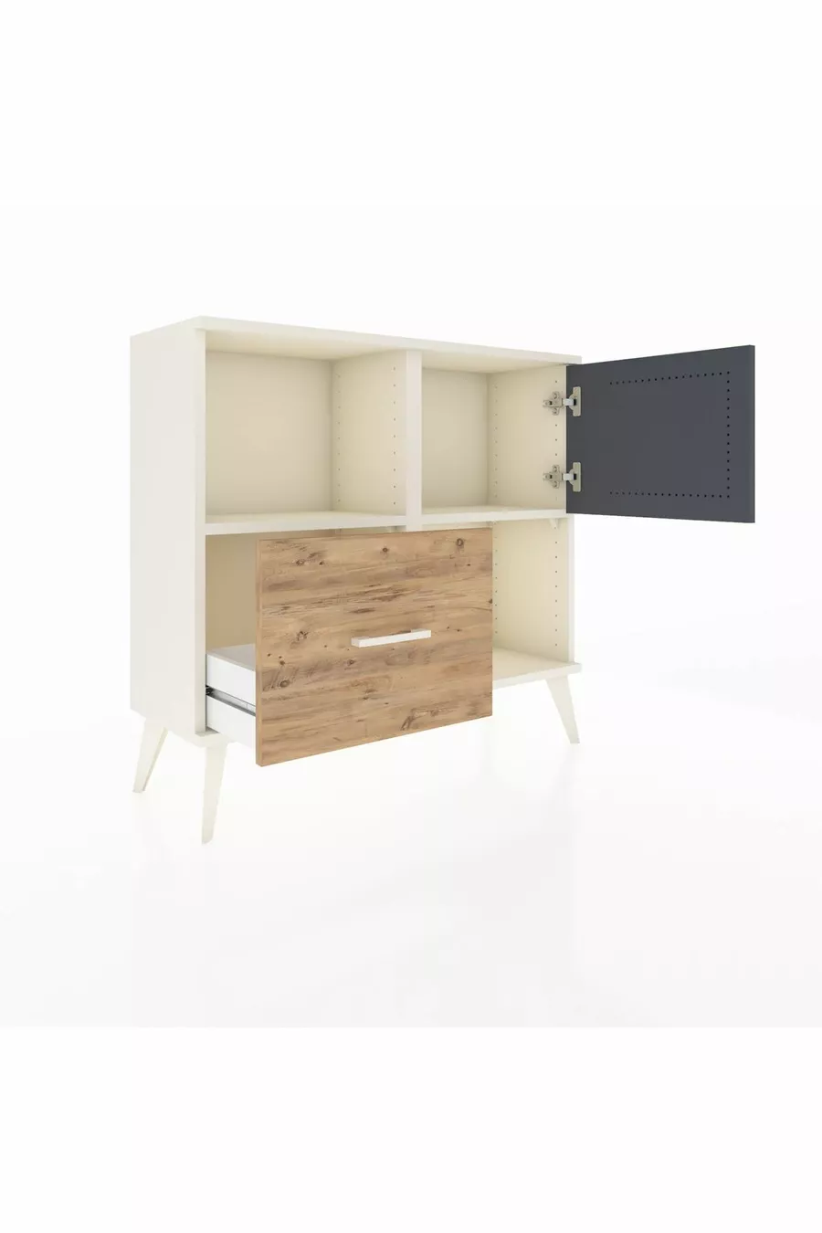 Commode Arges avec 2 étagères, 1 tiroir et 1 porte, couleur Pierre de Lune-Anthracite/Sapin
