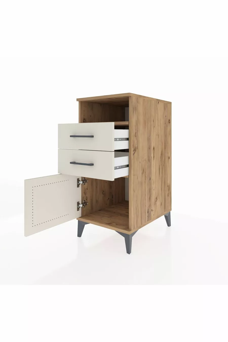 Table de chevet Kronos avec une étagère, 2 tiroirs et une porte, pin-gris