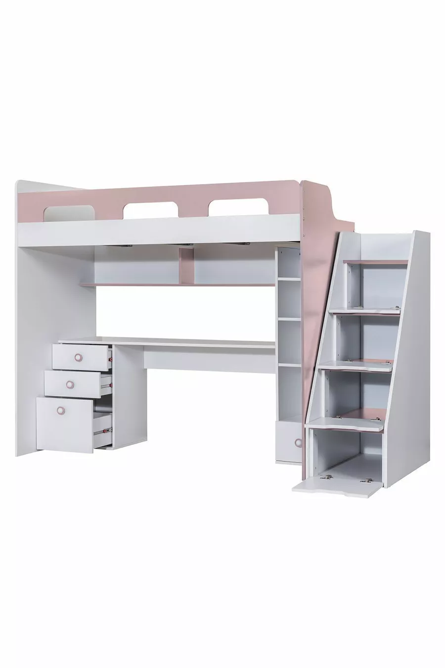 Lit superposé, bureau et bibliothèque Troya - Rose