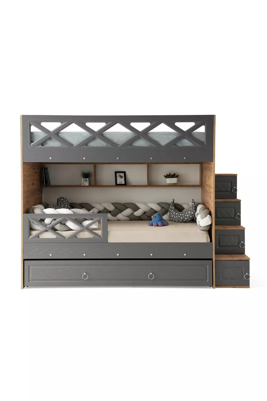 Lits superposés Mars avec tiroirs, anthracite & bois, support en acier, revêtement en membrane, 100% MDF