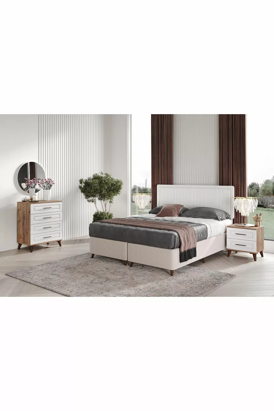 Ensemble de chambre à coucher complet en MDF Sport avec 6 portes, pin atlantic-blanc (avec sommier)
