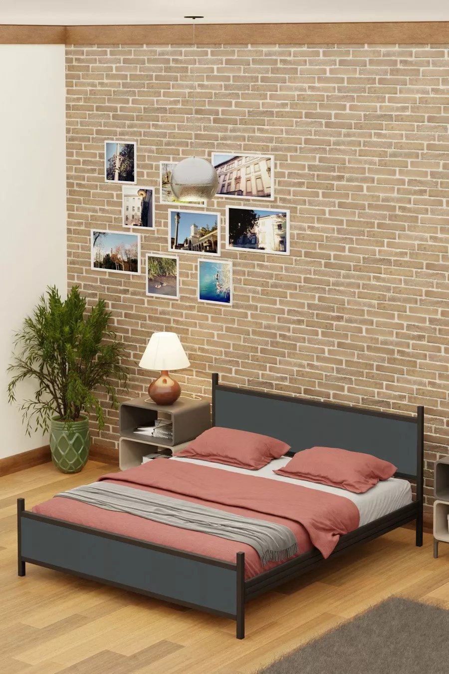 Gm Lit Double Moderne Bois et Métal Noir Anthracite Gris