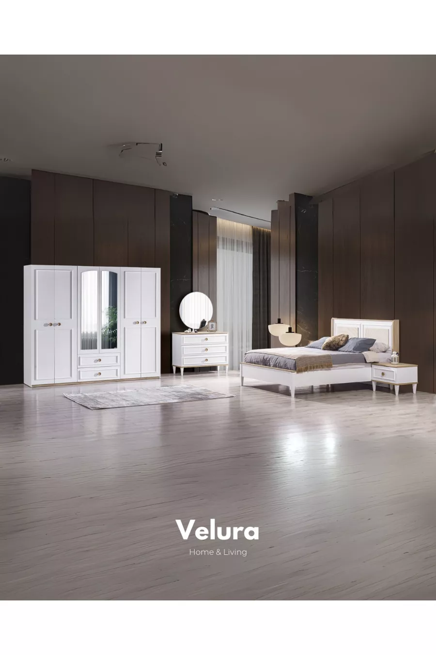 Ensemble de chambre à coucher en bois (Armoire + Commode + Table de chevet + Lit)