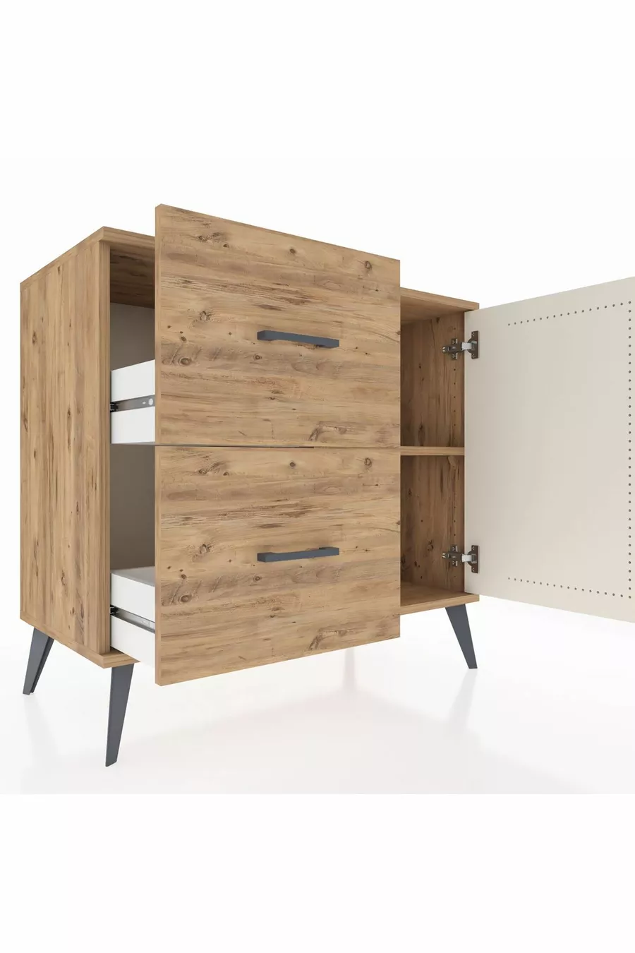 Commode Hyperion avec une étagère, 2 tiroirs et une porte, pin-pierre d'onyx/pin