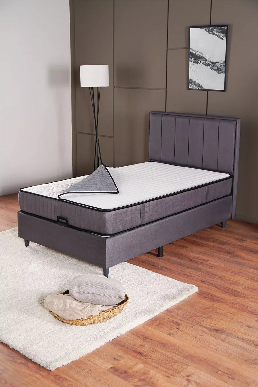Ensemble de Lit avec Sommier Coffre et Tête de Lit Royal Plus, Matelas à Ressorts avec Protection, Anthracite
