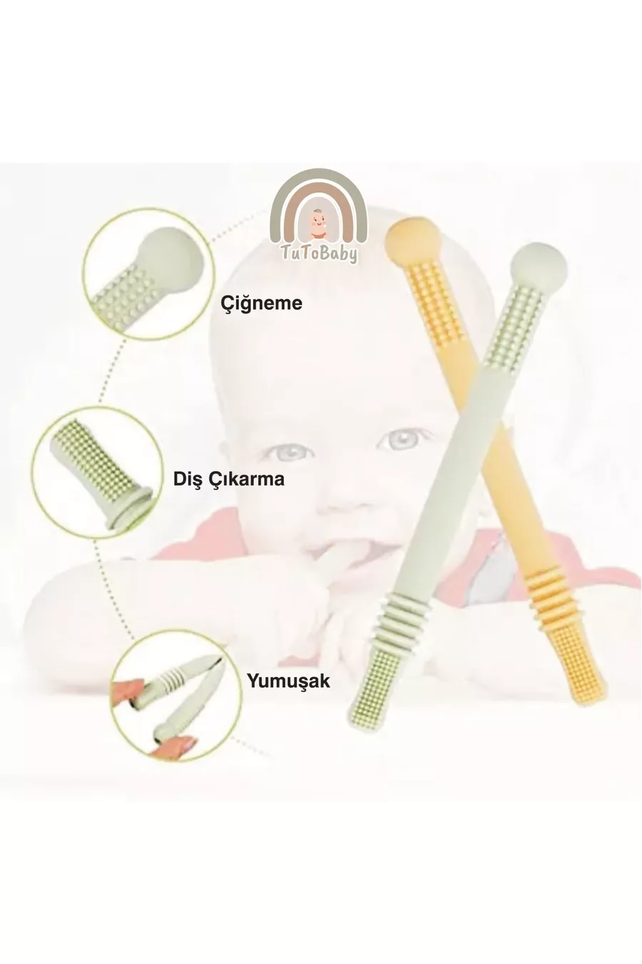 Suceur de dent pour bébé en silicone (hochet-tube à mâcher-paille) 2 hochets 1 brosse