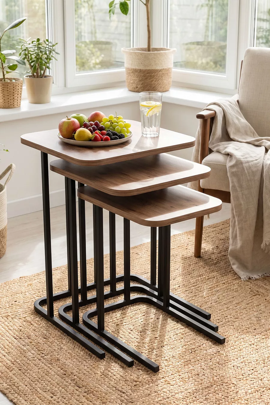 Table Basse Gigogne Pied Métal Ensemble de 3 Tables d'Appoint pour Canapé Zino Pin Atlantique
