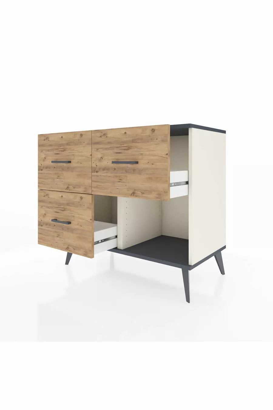 Commode Hyperion 3 tiroirs Pierre de lune-Anthracite/Sapin