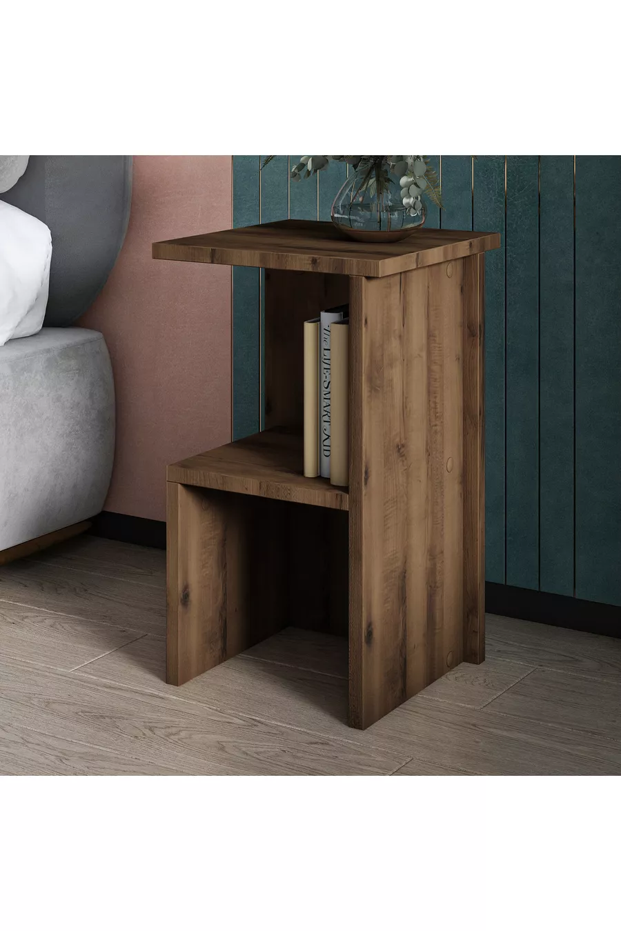 Table de chevet et table d'appoint polyvalente Roisin Modern Noyer Antique