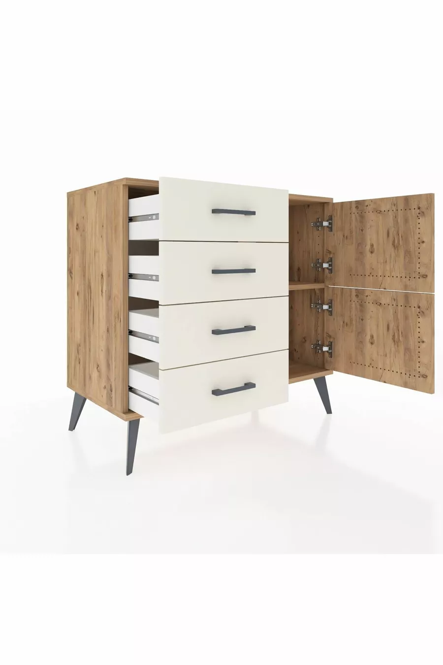 Commode Hyperion avec une seule étagère, 4 tiroirs et 2 portes, pin-pin / pierre d'âme