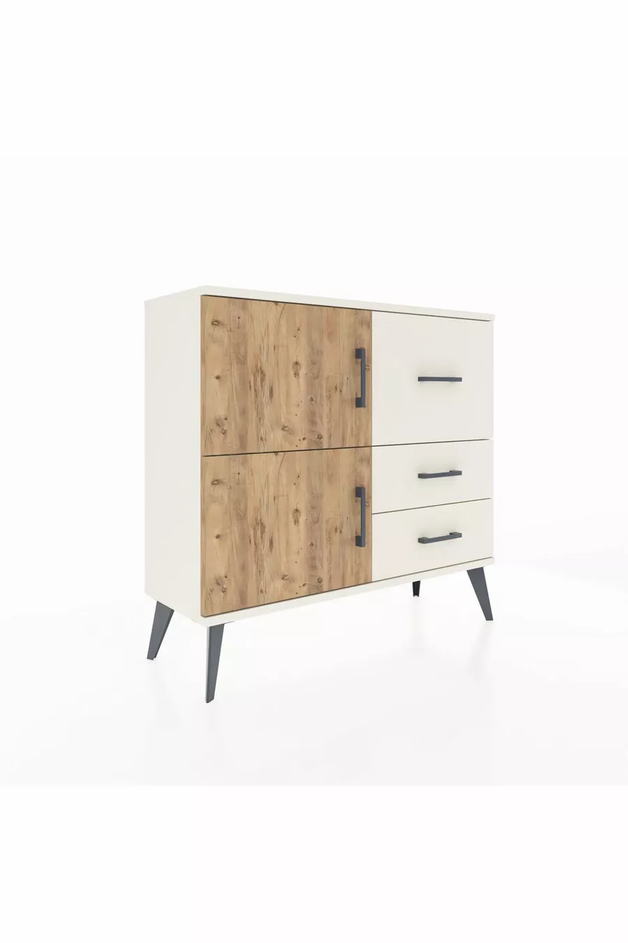 Commode Arges à une étagère, 3 tiroirs et 2 portes, Pierre de lune-Pin/Pierre de lune