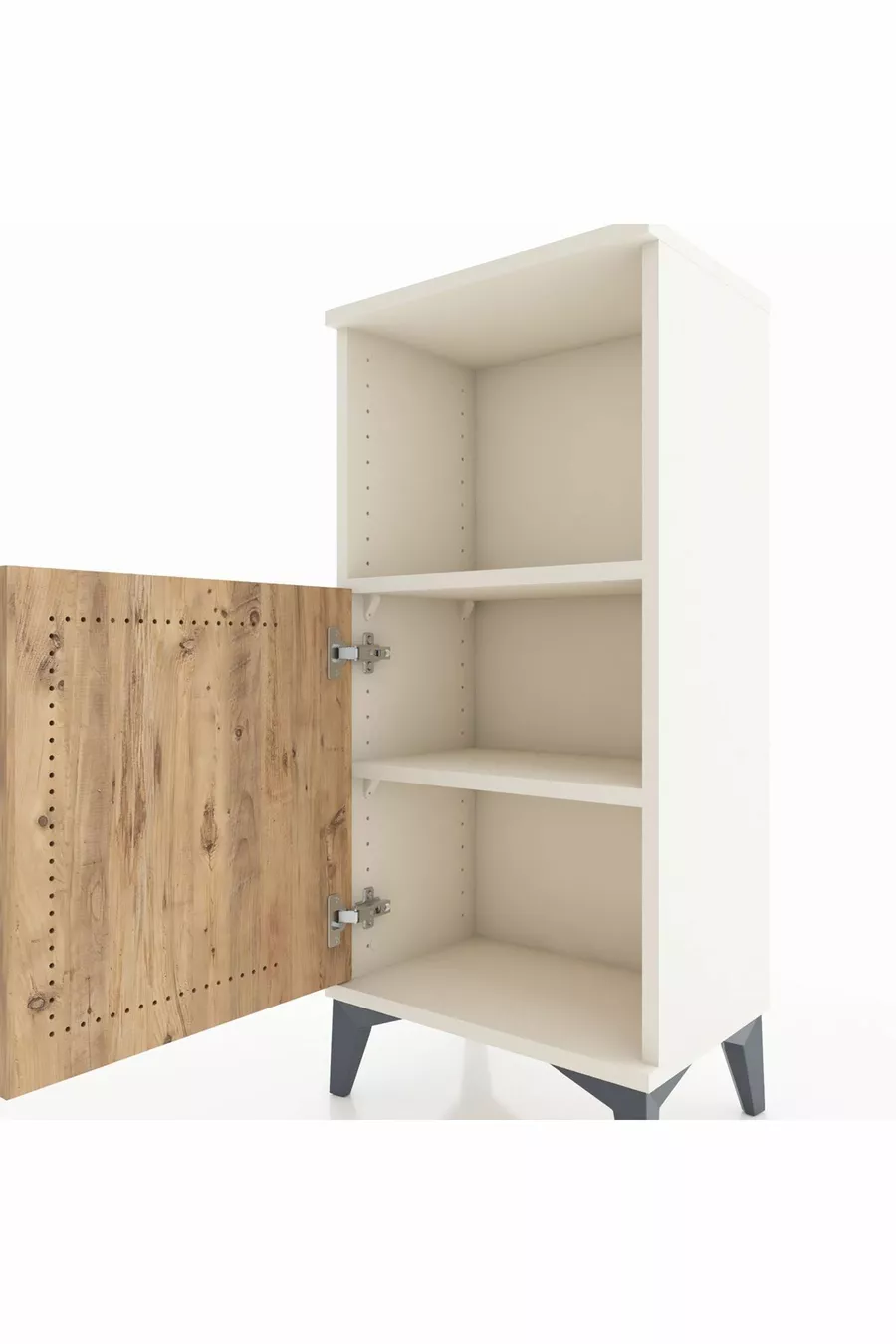Table de chevet Arges à 2 étagères et 1 porte, en Pierre de lune et pin