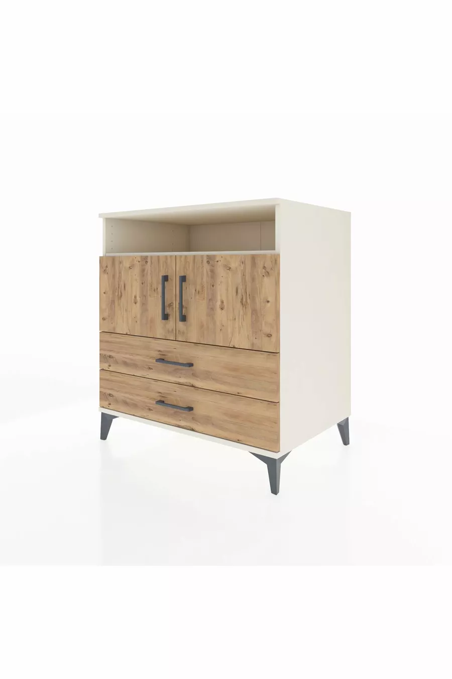 Commode Kronos avec 3 étagères, 2 tiroirs et 2 portes, Pierre de lune-Pin
