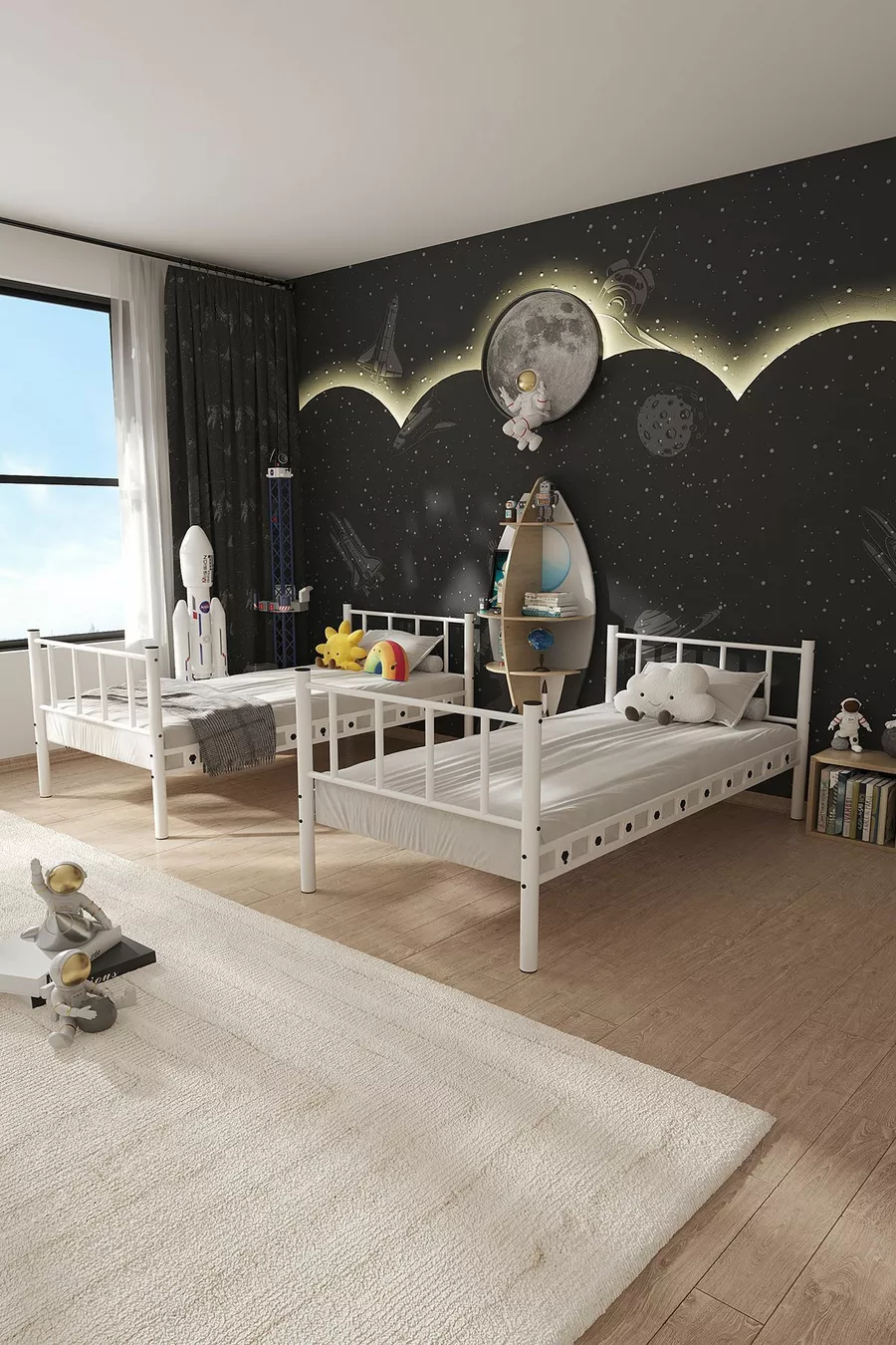Chambre d'enfant Zambak avec lits superposés et lit métallique blanc