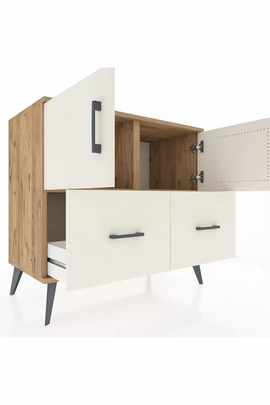 Commode Hyperion 2 étagères 2 tiroirs 2 portes Pin-Gris