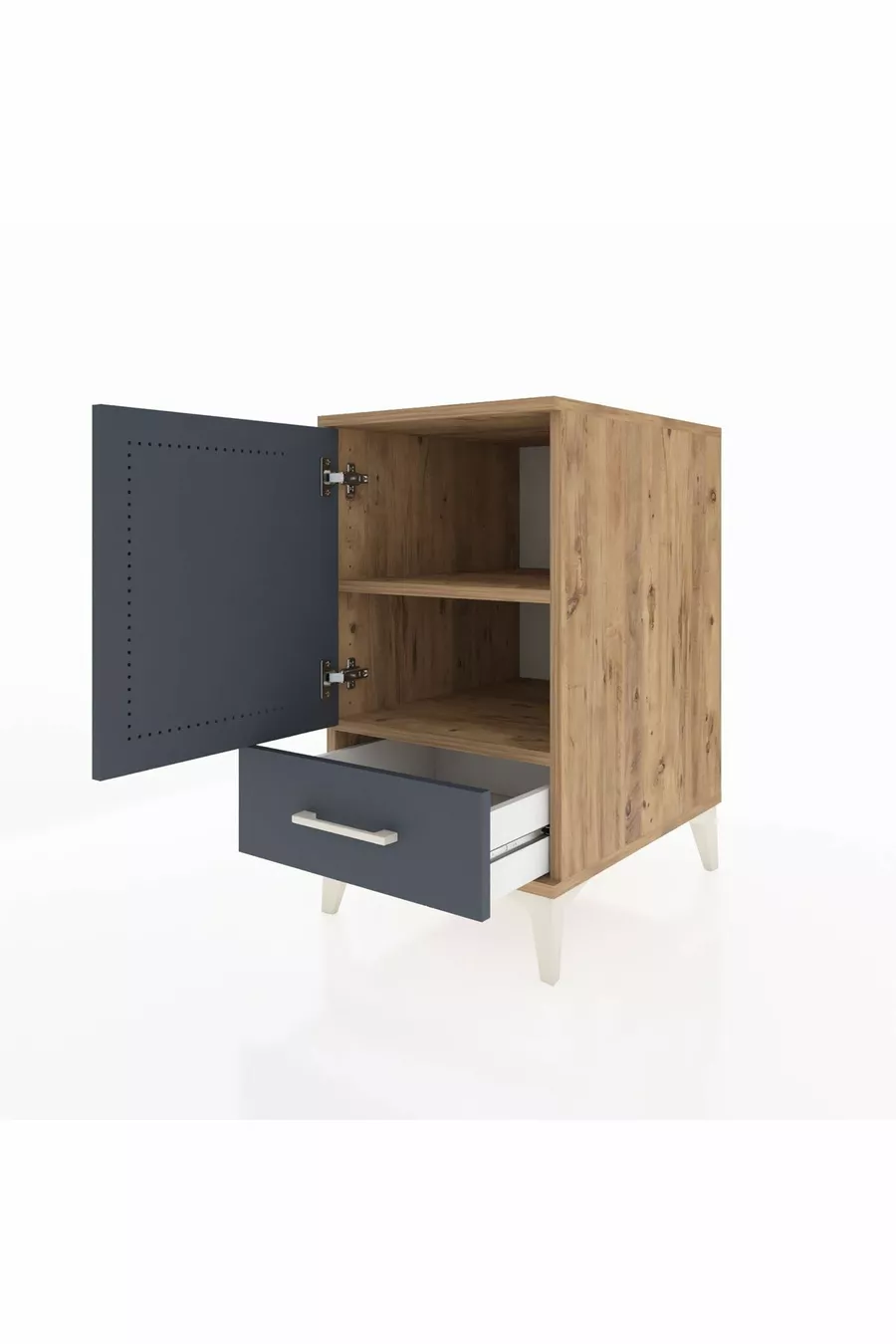 Table de chevet Kronos avec 2 étagères, 1 tiroir et 1 porte, pin-anthracite