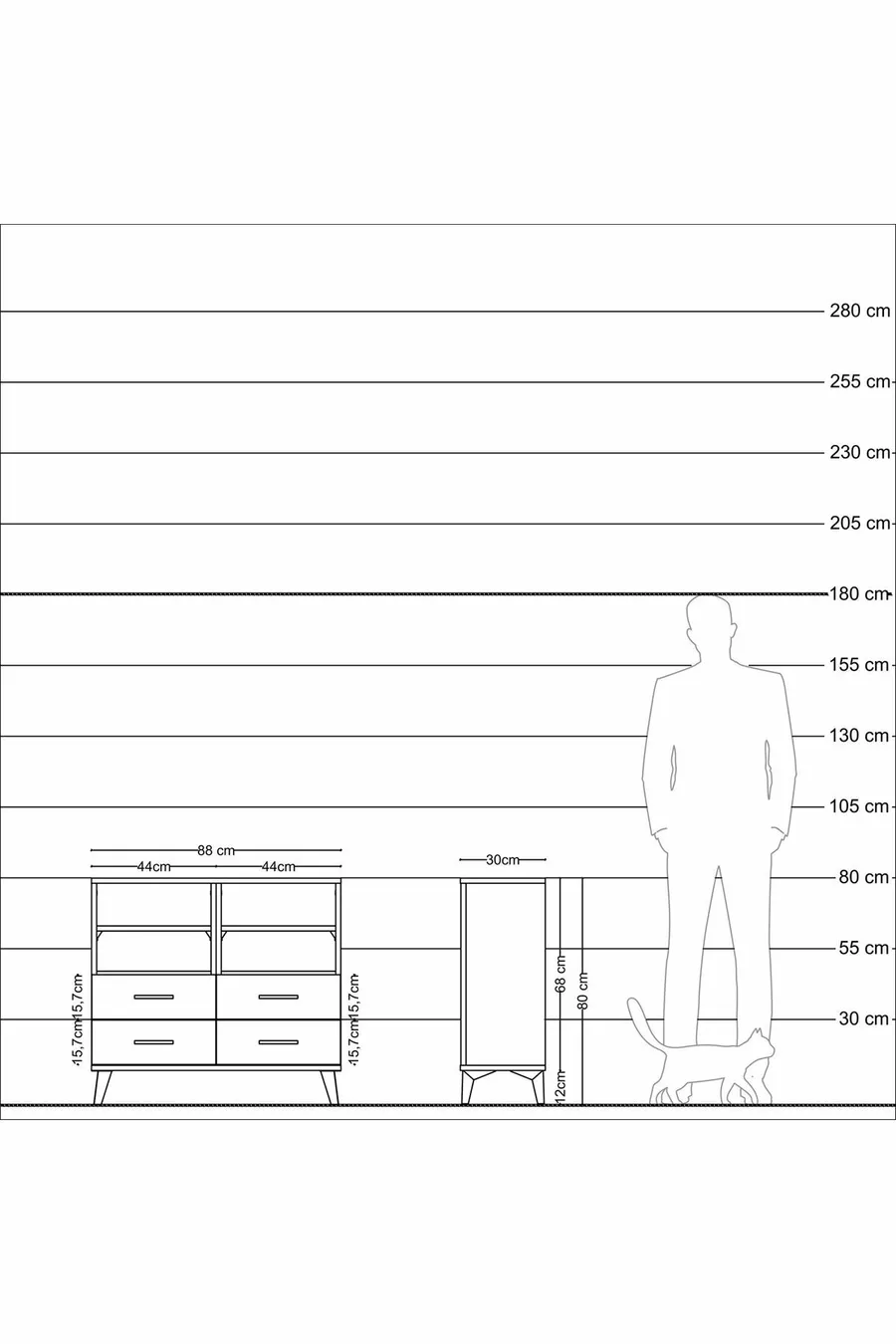Commode Arges 4 étagères 4 tiroirs Anthracite-Anthracite/Gris pierre