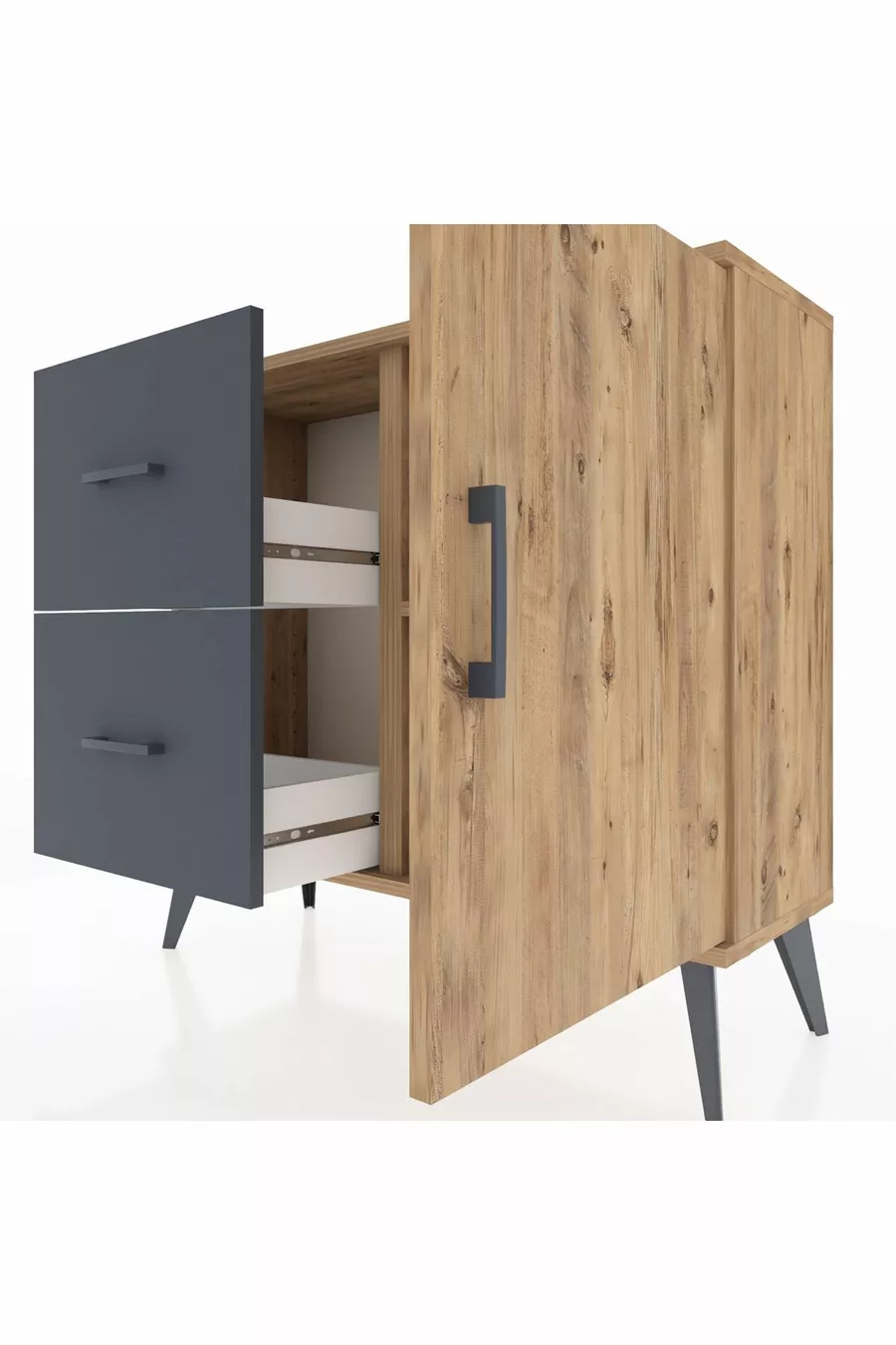 Commode Arges avec une seule étagère, 2 tiroirs et une porte, Pin-Pin/Anthracite