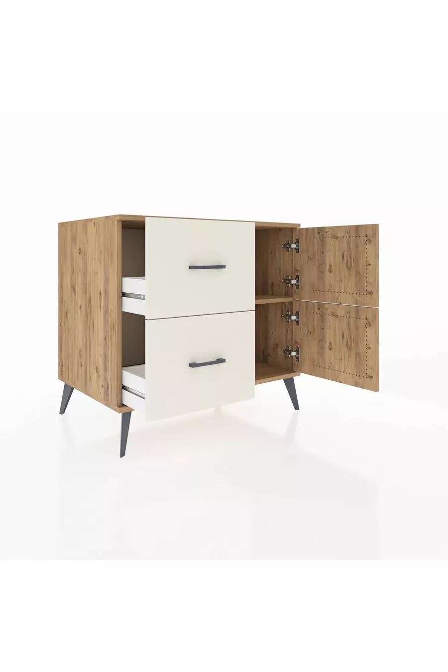 Commode Kronos à une étagère, 2 tiroirs et 2 portes, Pin-Pin / Pierre de lune