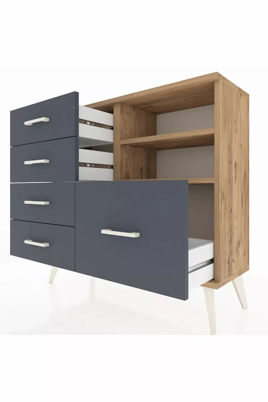 Commode Arges 2 étagères 5 tiroirs Pin-Pin/Anthracite
