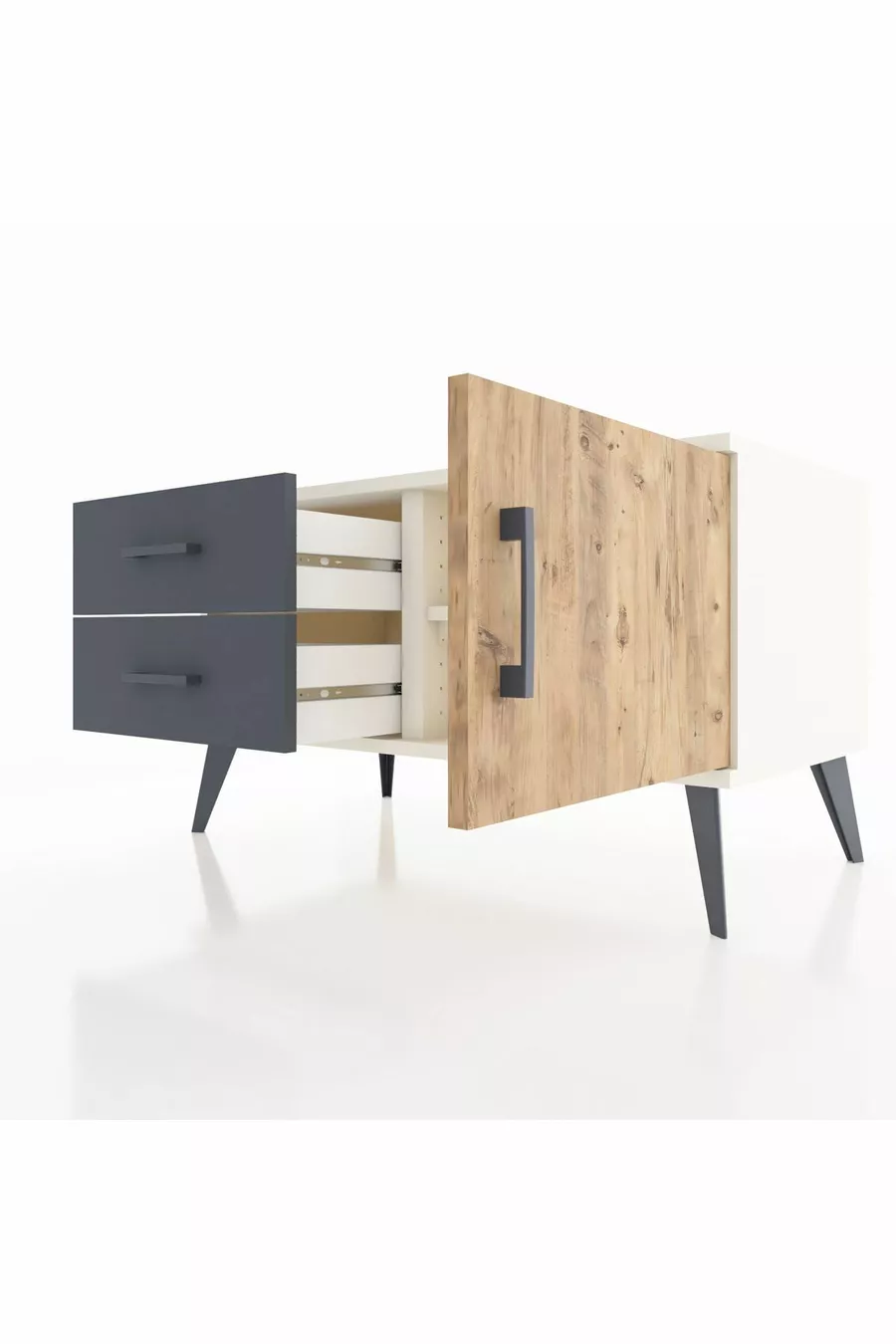 Commode Hyperion à une étagère, 2 tiroirs et une porte, Pierre de Lune-Pin/Anthracite