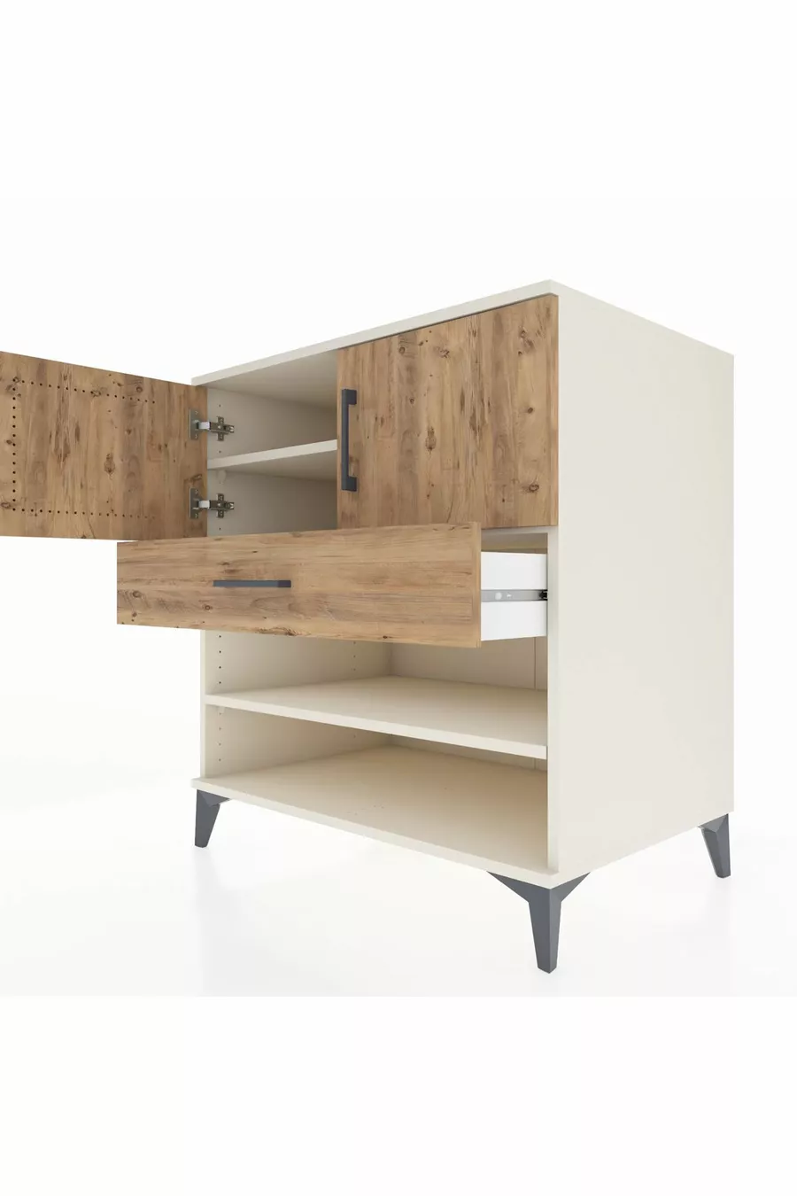 Commode Kronos avec 3 étagères, 1 tiroir et 2 portes, Pierre de Lune-Sapin