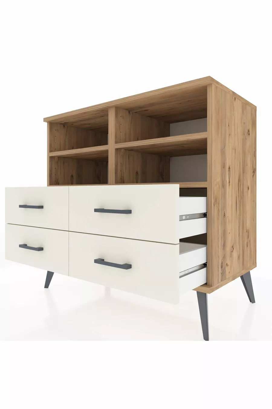 Commode Hyperion 4 étagères 4 tiroirs Pin-Pin/Marbre blanc