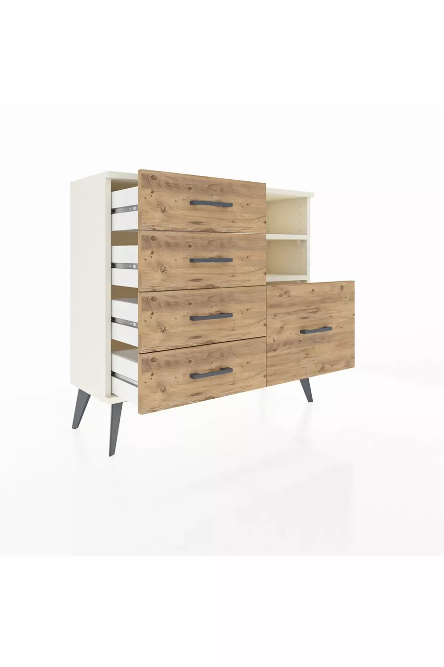 Commode Arges 2 étagères 5 tiroirs Pierre de lune/Pierre de lune/Pin
