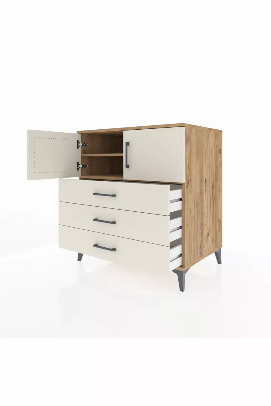 Commode Kronos avec 2 étagères, 3 tiroirs et 2 portes, en pin et pierre de lune