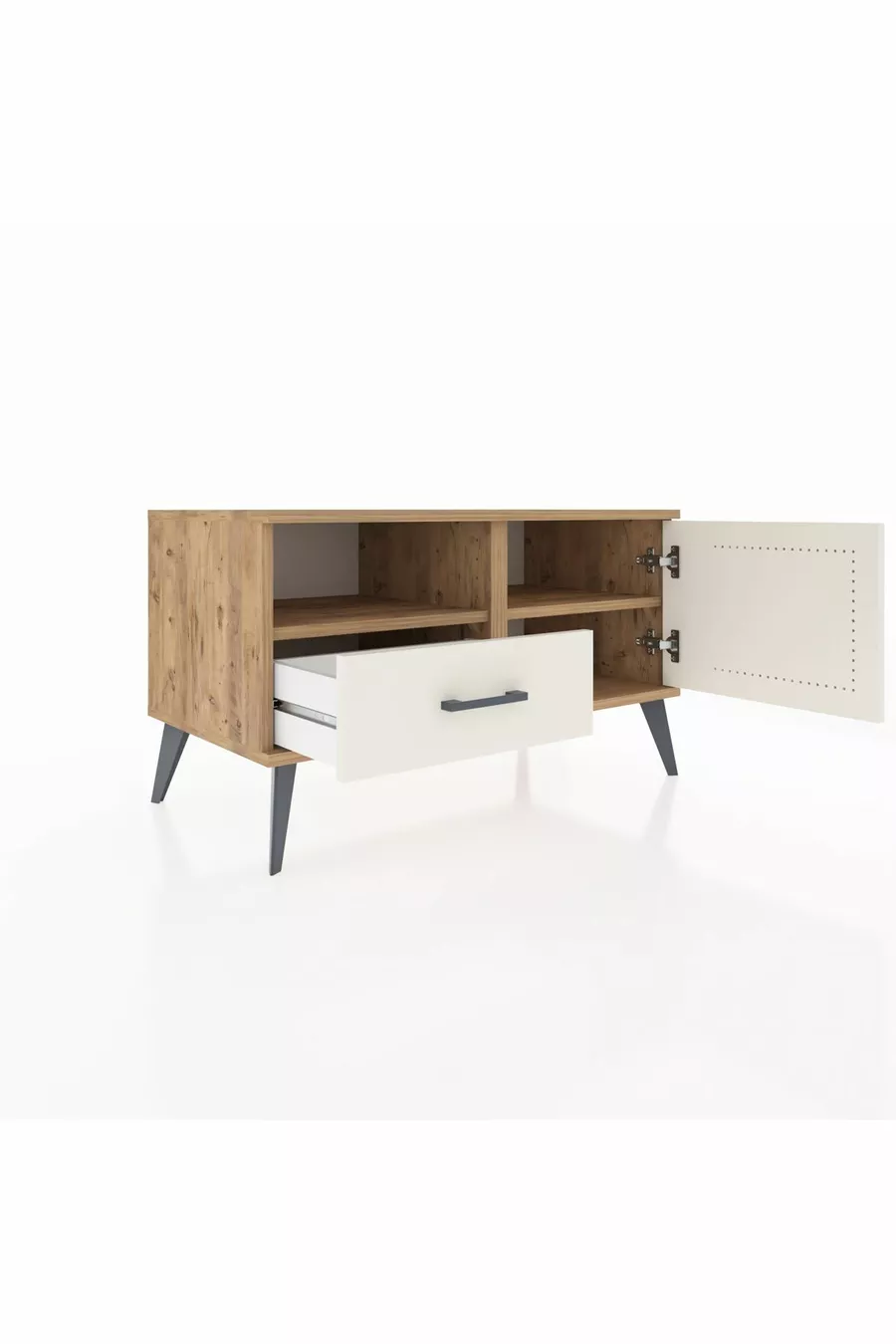 Commode Hyperion à 2 étagères, 1 tiroir et 1 porte, Pins-Quartz