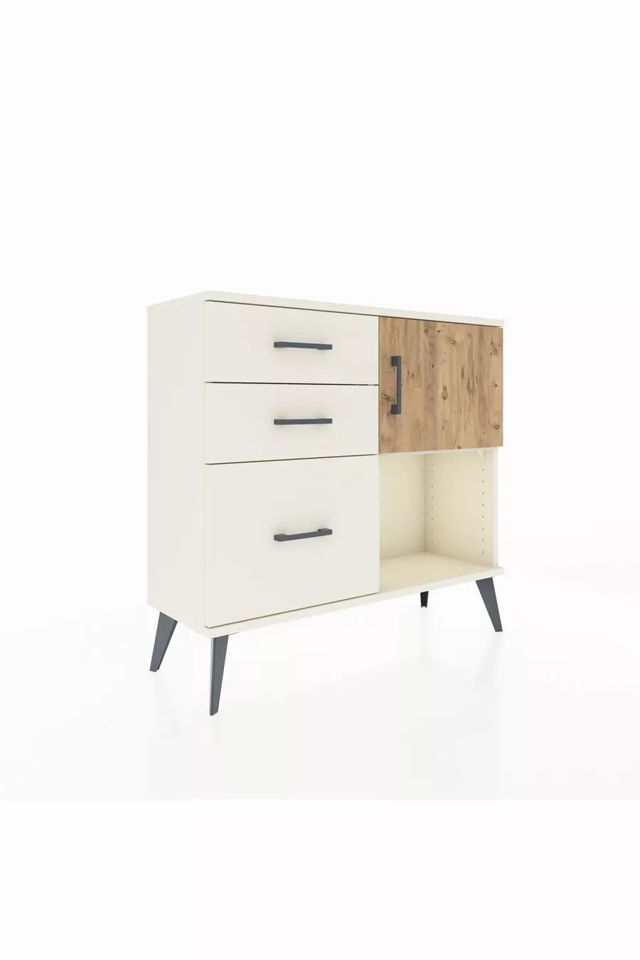 Commode Arges avec une seule étagère, 3 tiroirs et une porte, couleur Pierre de Lune/Pin