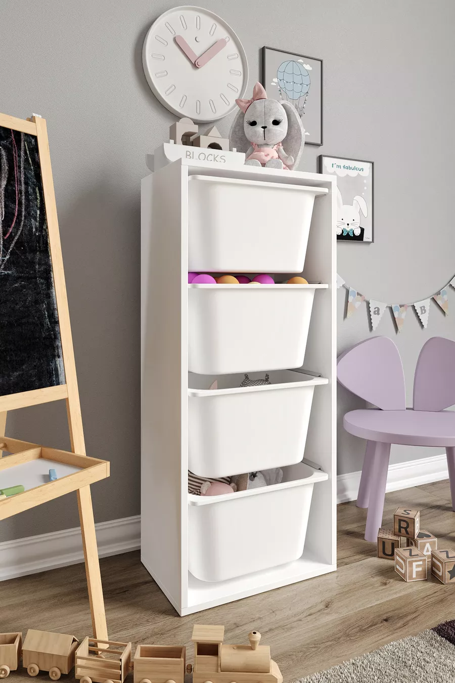 % MDF - Grand Armoire de Jouets Mono 4 avec 4 Grands Paniers