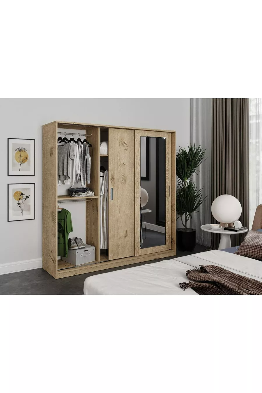 Armoire à vêtements avec miroir coulissant à 3 portes Samira - MDF chêne intégral
