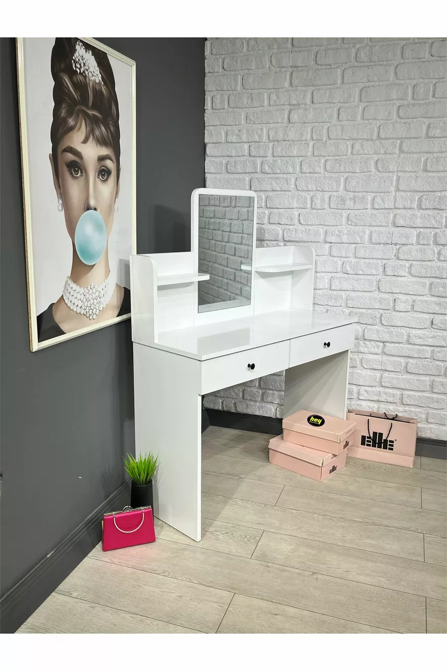 Coiffeuse avec miroir, table de toilette avec 2 tiroirs, organiseur de bijoux et étagère, blanc, cm
