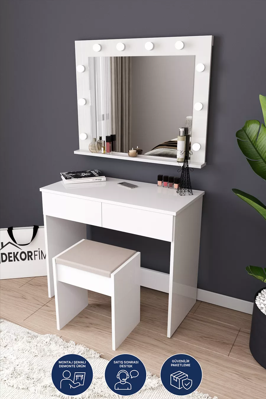 Coiffeuse avec miroir et éclairage LED, tabouret, tiroirs compartimentés pour cosmétiques