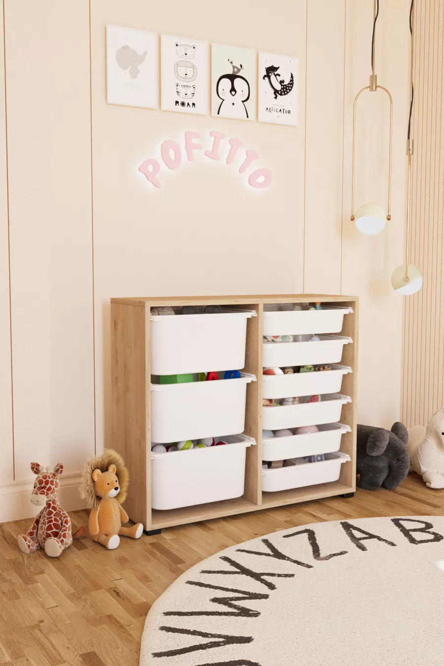 Armoire à jouets 3 profondurs 9 paniers, meuble polyvalent pour cuisine, cellier et salle de bain