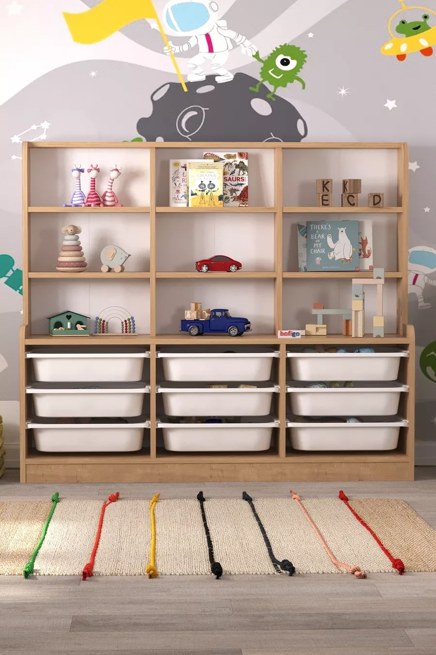 Armoire à 9 étagères et 9 paniers, armoire polyvalente, armoire à jouets Almina Chêne Saphir