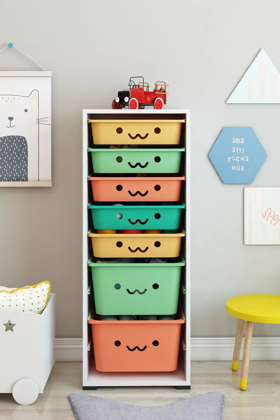 KIDS Armoire à jouets avec 7 paniers et sourires Boîte de rangement pour jouets