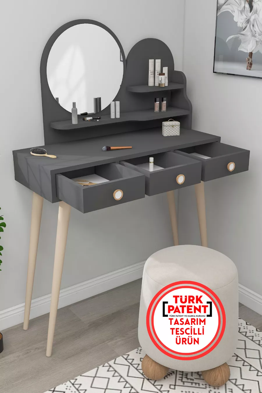 Coiffeuse en bois avec miroir et tiroirs Ruges sur pieds, anthracite - Ruges